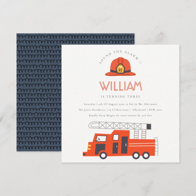 Red Firetruck Engine Kids Any Age Birthday Invite (Front/Back)