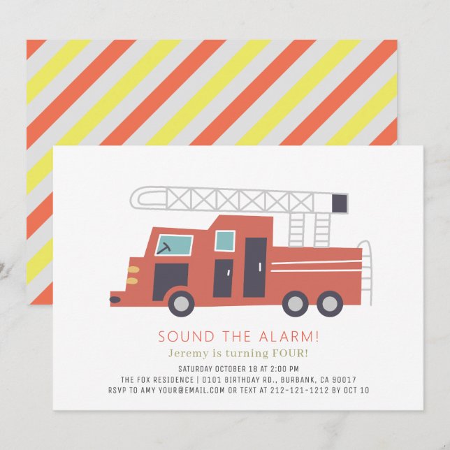 Red Firetruck Firefighter Boy Birthday Invitation (Front/Back)