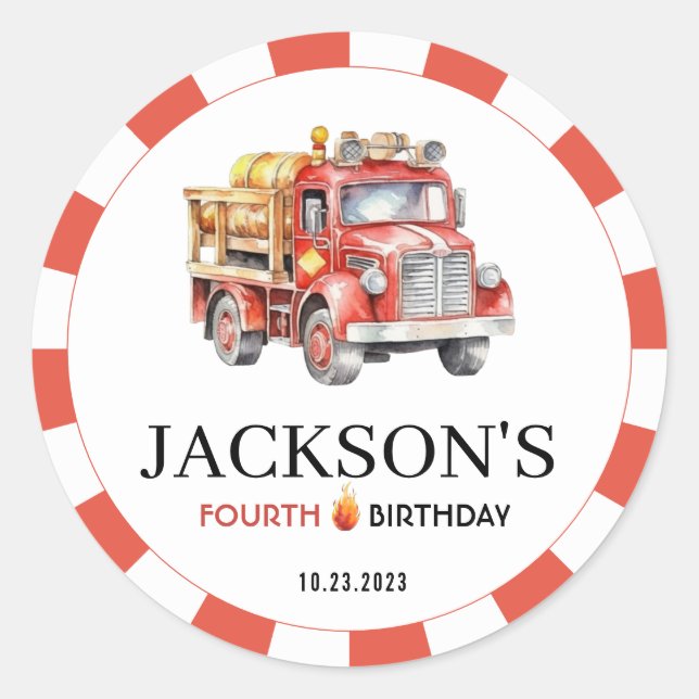 Red firetruck firefighter boy birthday stickers (Front)