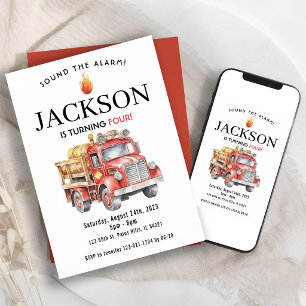 Red Firetruck Fireman Boy Birthday Invitation