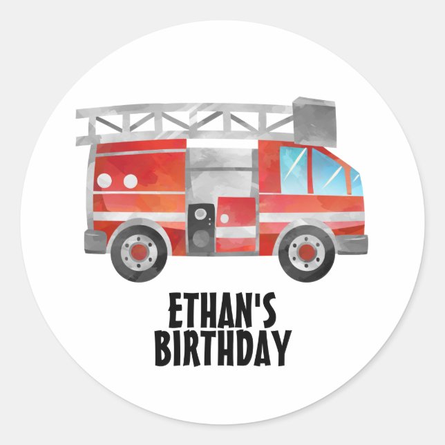 Red Firetruck on White Child's Birthday Party Classic Round Sticker (Front)