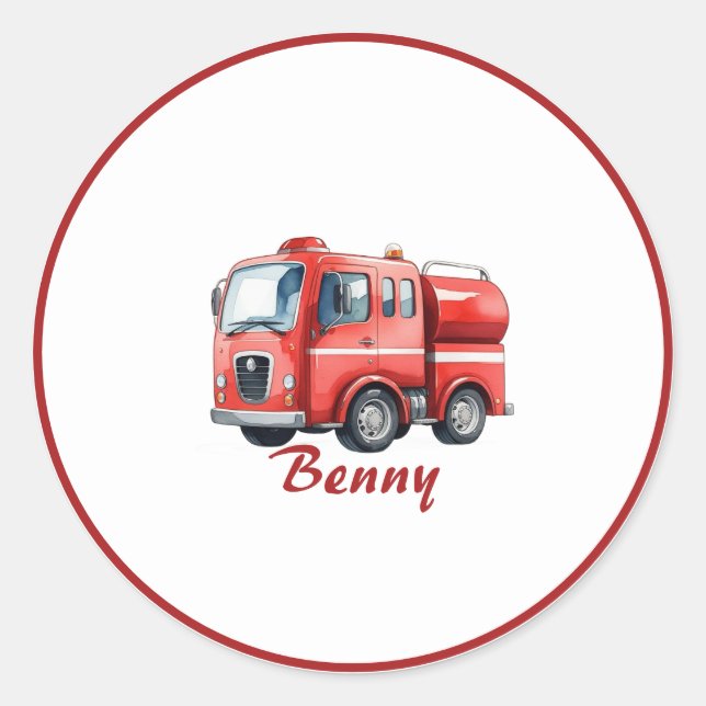Red firetruck upsherin birthday party napkin  classic round sticker (Front)
