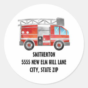 Red Firetruck White Child's Birthday Party Address Classic Round Sticker