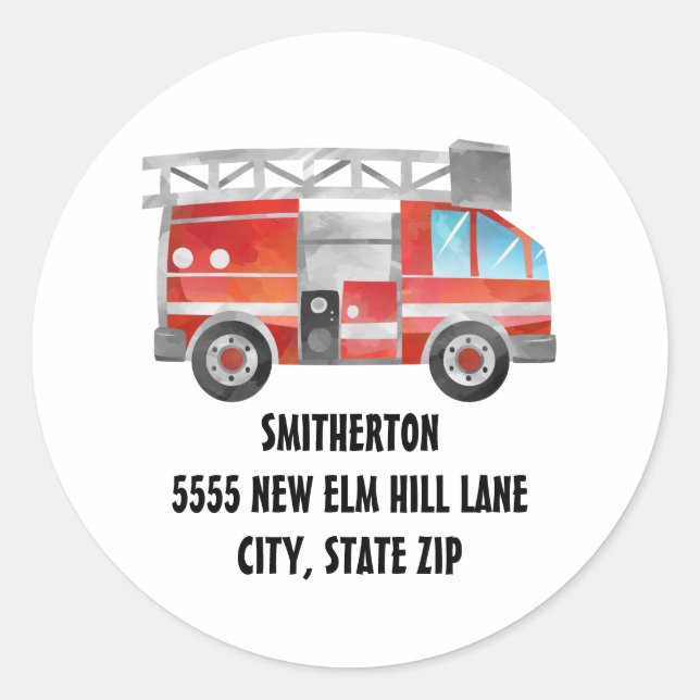 Red Firetruck White Child's Birthday Party Address Classic Round Sticker (Front)
