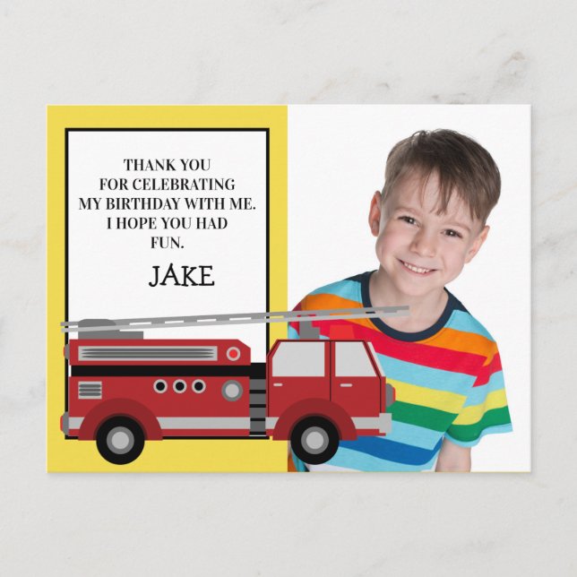 Red Firetruck Yellow Birthday Photo Thank You Postcard (Front)