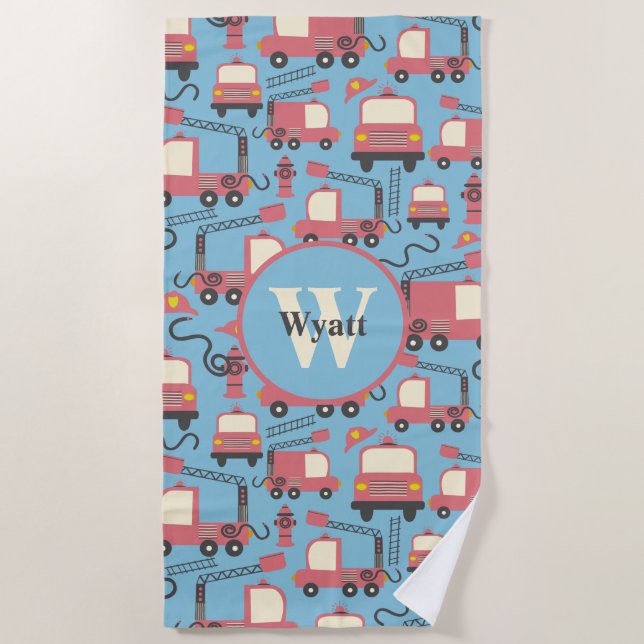Red Firetrucks Firefighter Kids Personalised Beach Towel (Front)