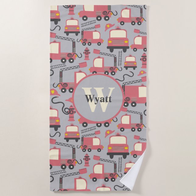 Red Firetrucks Firefighter Kids Personalised Beach Towel (Front)