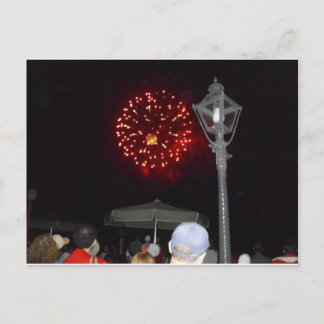 Red Fireworks Celebration with Lamppost Image Invitation Postcard