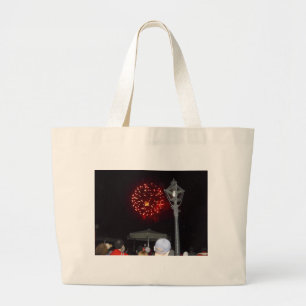 Red Fireworks Celebration with Lamppost Image Large Tote Bag