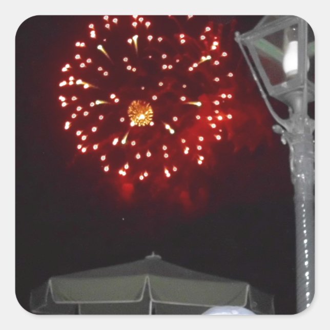 Red Fireworks Celebration with Lamppost Image Square Sticker (Front)