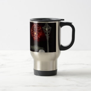 Red Fireworks Celebration with Lamppost Image Travel Mug