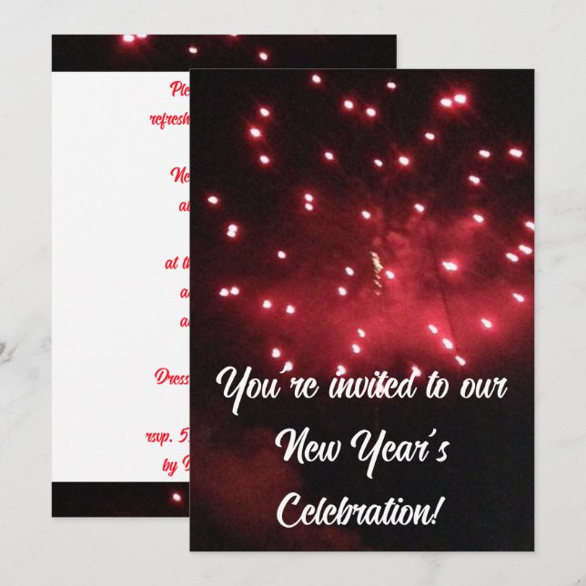 Red Fireworks New Year's Invitations (Front/Back)