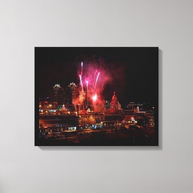 Red Fireworks Over The Kansas City Plaza Lights Canvas Print (Front)