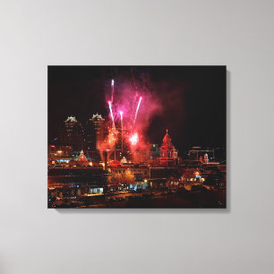 Red Fireworks Over The Kansas City Plaza Lights Canvas Print