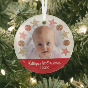 Red First Christmas Baby Photo Girl Cookie Wreath Glass Tree Decoration