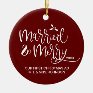 Red First Christmas Married and Merry Photo  Ceramic Tree Decoration