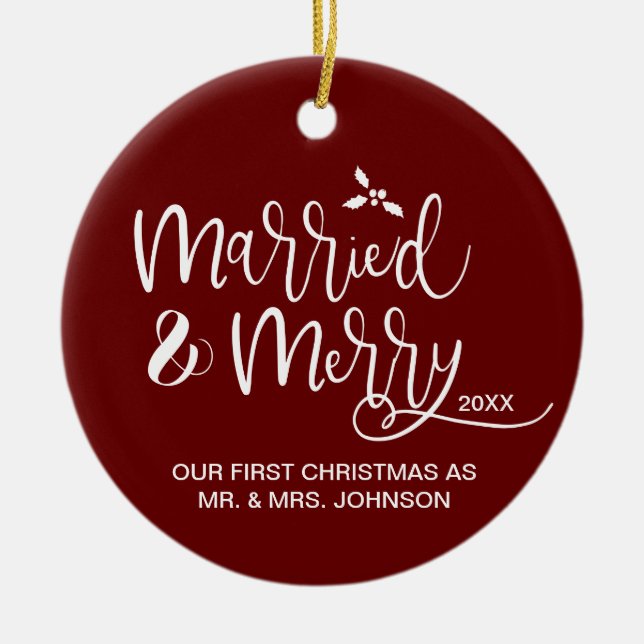 Red First Christmas Married and Merry Photo  Ceramic Tree Decoration (Front)