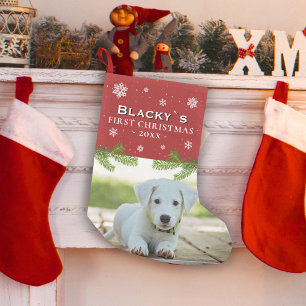 Red First Christmas Puppy Photo Pine Snowflake Small Christmas Stocking