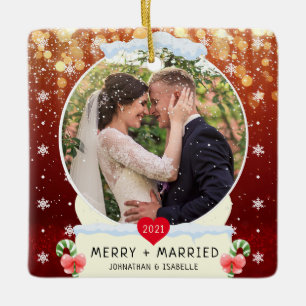 Red First Merry + Married White Snow Globe Ceramic Ornament