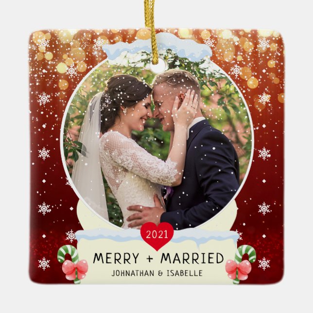 Red First Merry + Married White Snow Globe Ceramic Ornament (Front)