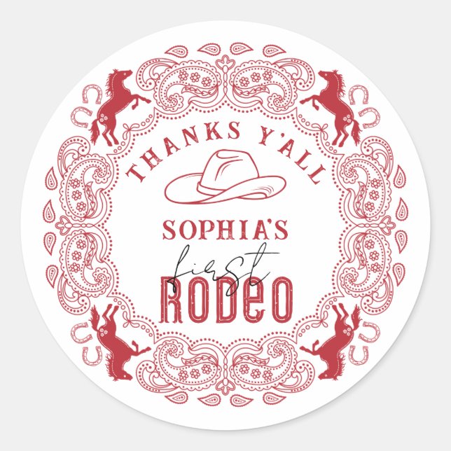 Red First Rodeo Birthday Favour Sticker – Western  (Front)
