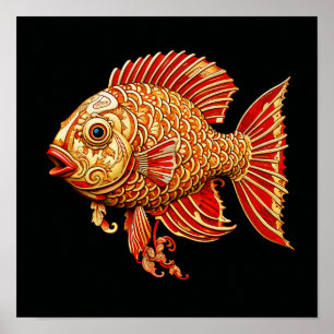 Red Fish Dark Painting  Poster
