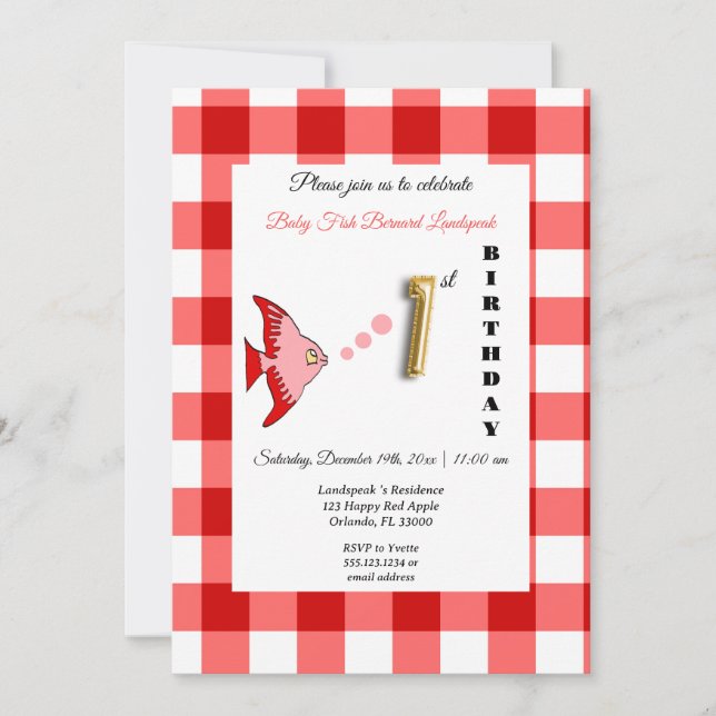 Red Fish & Gingham Gold Balloon 1st Birthday Invitation (Front)