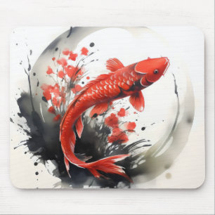 Red Fish Ink Painting Mouse Mat