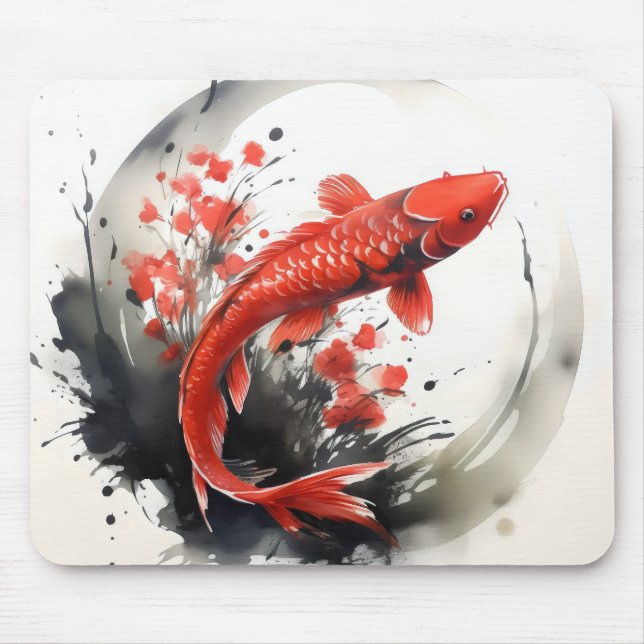 Red Fish Ink Painting Mouse Mat (Front)