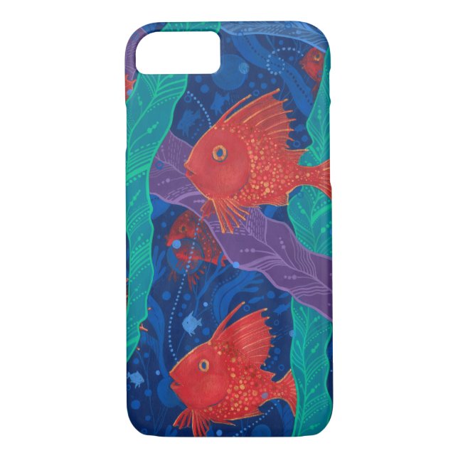 Red Fish, Seaweed Sea Ocean Animals Underwater Art Case-Mate iPhone Case (Back)