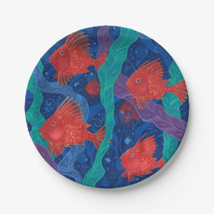 Red Fish, Seaweed Sea Ocean Animals Underwater Art Paper Plate