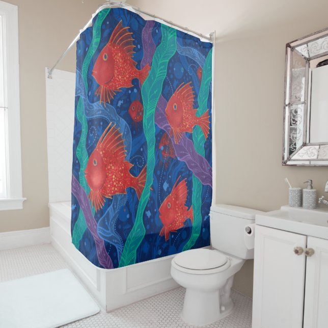 Red Fish, Seaweed Sea Ocean Animals Underwater Art Shower Curtain (In Situ)