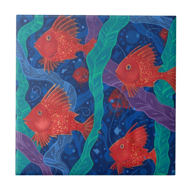 Red Fish, Seaweed Sea Ocean Animals Underwater Art Tile (Front)