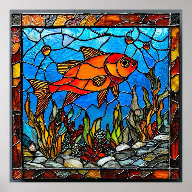 🐟 Red Fish Stained Glass Art Gift For Home 🎁 Poster (Front)