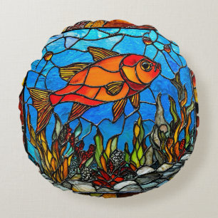 Red Fish Stained Glass Gift For Ocean Lovers Round Cushion