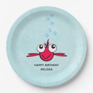 Red Fish with Big Eyes Cartoon Illustration Paper  Plate