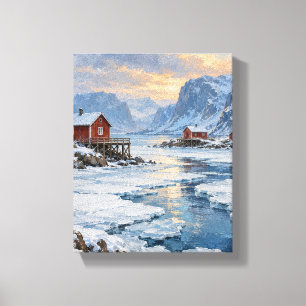 Red Fishing Cabins across the Frozen Inlet Canvas Print