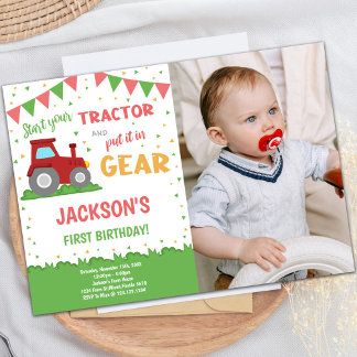 Red Flags Tractor Birthday Invitations w Photo