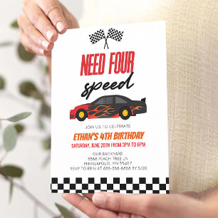 Red Flame Race Car 4th Birthday Invitation