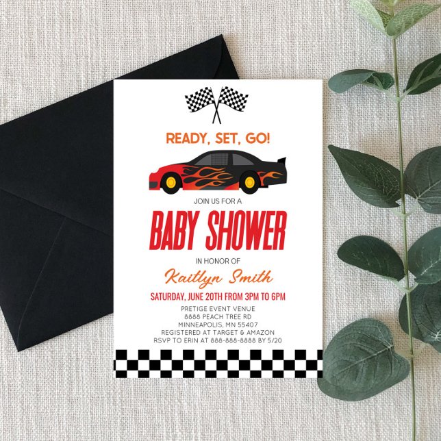 Red Flame Race Car Chequered Race Flag Baby Shower Invitation (Creator Uploaded)
