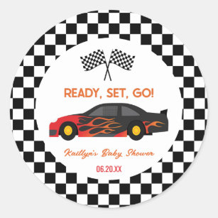 Red Flame Race Car Ready Set Go Baby Shower Favour Classic Round Sticker