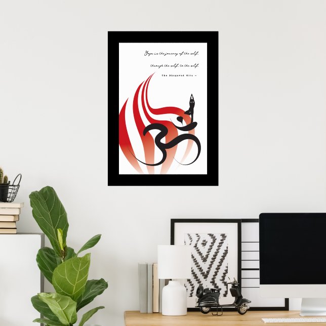 Red Flame Yoga & Modern Zen Calligraphy Om Aum Poster (Home Office)