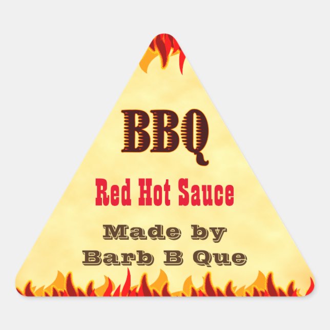 Red Flames Custom BBQ  Hot Sauce Triangle Sticker (Front)