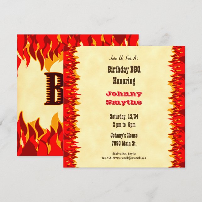 Red Flames Editable BBQ Cookout Square Invitation (Front/Back)