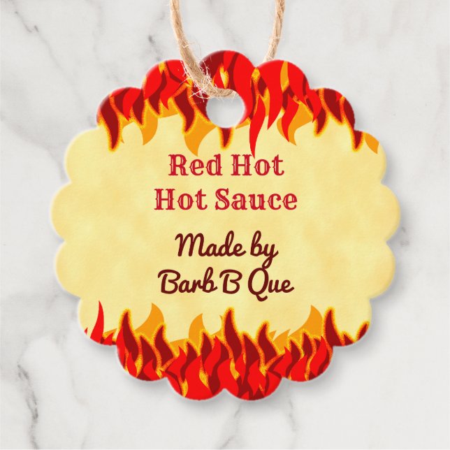 Red Flames Editable Retro BBQ Hot Sauce Tag (Front)