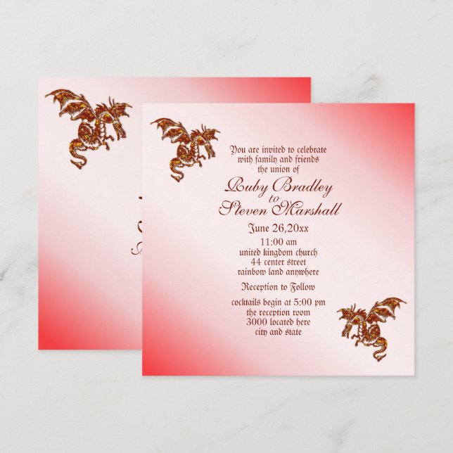 Red Flaming Dragon Fantasy Wedding  Invitation (Front/Back)