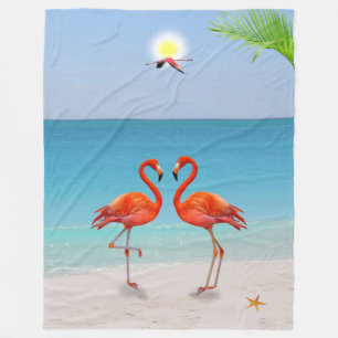 Red Flamingo Couple & Palm Leaf on the Beach Fleece Blanket