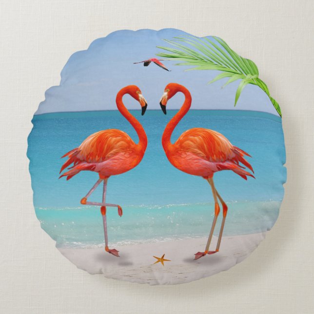 Red Flamingo Couple & Palm Leaf on the Beach Round Cushion (Front)