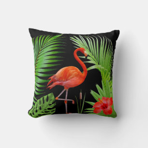 Red Flamingo, Hibiscus & Palm Leaves on Black Cushion