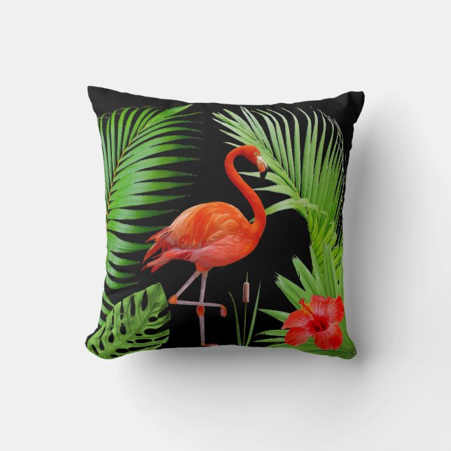 Red Flamingo, Hibiscus & Palm Leaves on Black Cushion (Front)